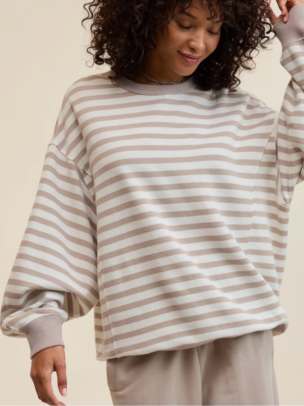 aerie Striped Crewneck Sweatshirt in Beige and White